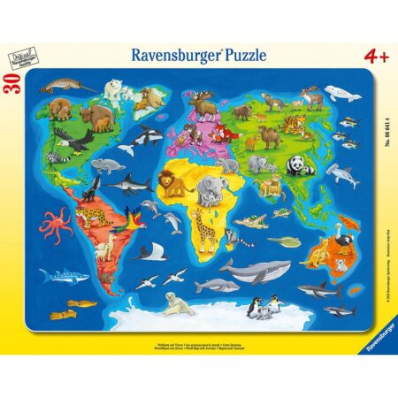 Ravensburger Weltkarte mit Tieren, 30-teiliges Puzzle im Rahmen