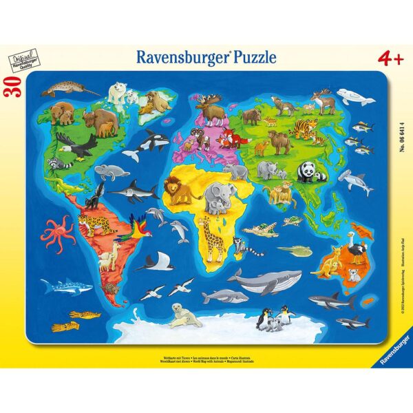 Ravensburger Weltkarte mit Tieren, 30-teiliges Puzzle im Rahmen